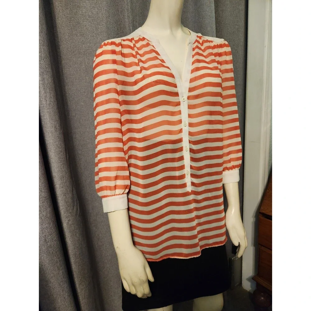 LC Lauren Conrad Women's Top Sz L 3/4 Sleeve Cream And‎ Coral Chiffon Striped - Picture 2 of 8